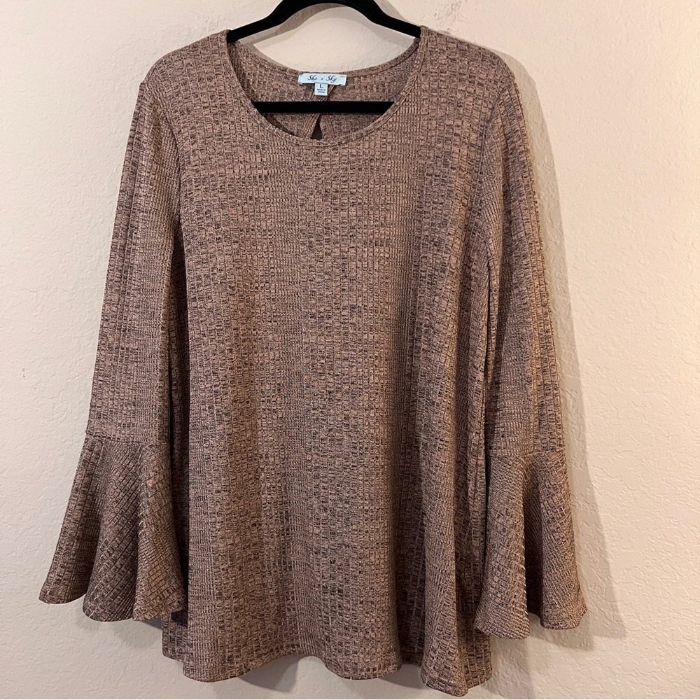 She + Sky FL5903 Ribbed Scoop Neck Sweater Flutter Sleeve Open Back Top Large